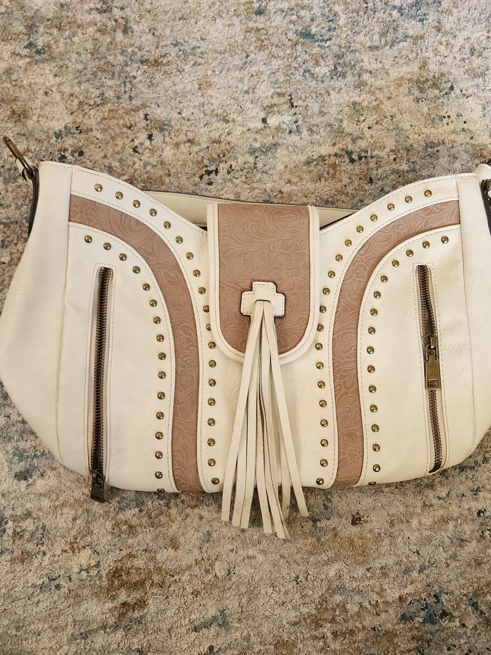 Western Tooled Floral  Cross Cream Tan Shoulder Bag Brass Stud Accents Fringe